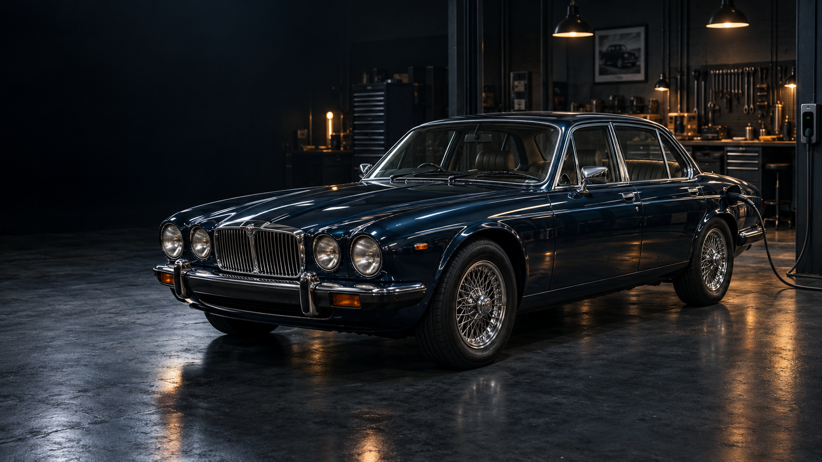 Midnight blue classic saloon converted to electric power in a specialist workshop